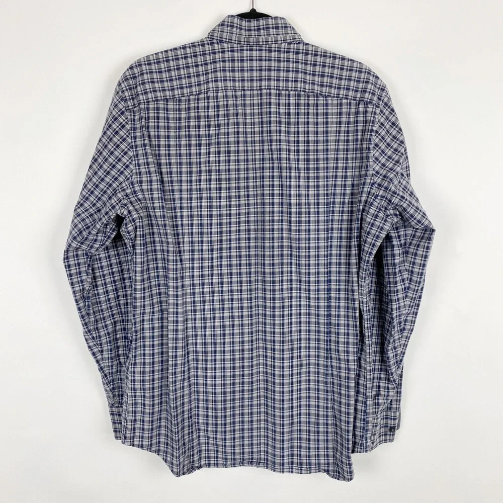 Banana Republic Slim Fit Plaid Button Down Shirt Men Large Blue Gray Long Sleeve